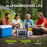 (2025 Neu) ALLPOWERS R1500 LITE Tragbare Powerstation, 1056Wh LFP Batterie Backup mit 4 1600W AC Ausgäng, Schnellladung von 0-80% in 40 Mins Solar Generator, Notstromaggregat für Camping Wohnmobile